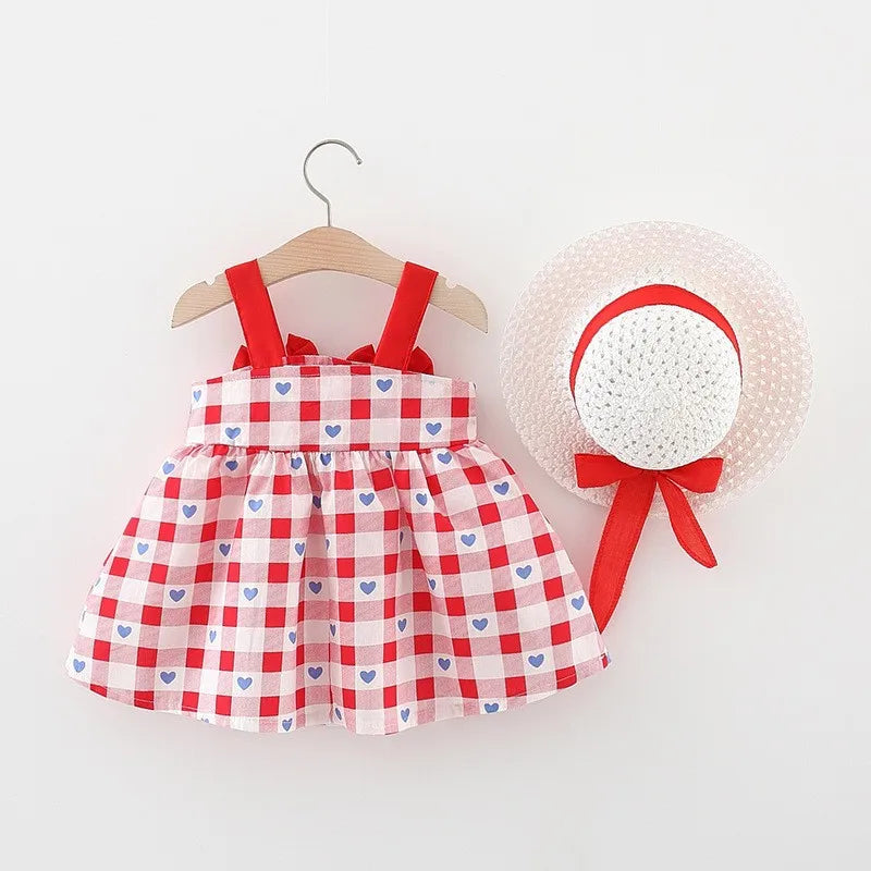 New Clothes Girls 0-3old Summer 90%cotton dress with hat flower bow skirt