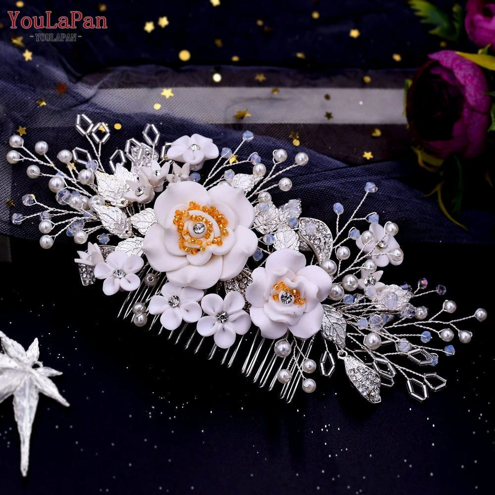 YouLaPan Gold Floral Wedding Hair Comb Bridal Crystal Pearls Headpiece Hair Accessories Bride Jewelry Women Hair Clips HP368