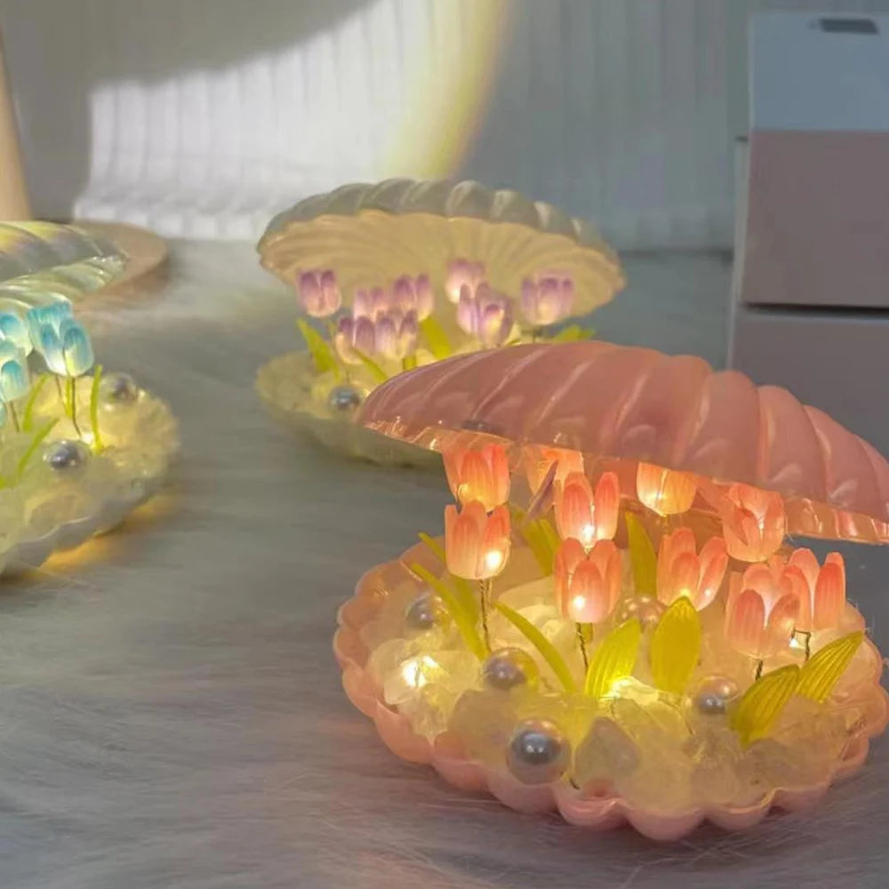 Handmade DIY Shell Tulip Small Night Lamp Bedside Table Ambience Light Home Decor Creative Valentine Mother's Day Birthday Gifts