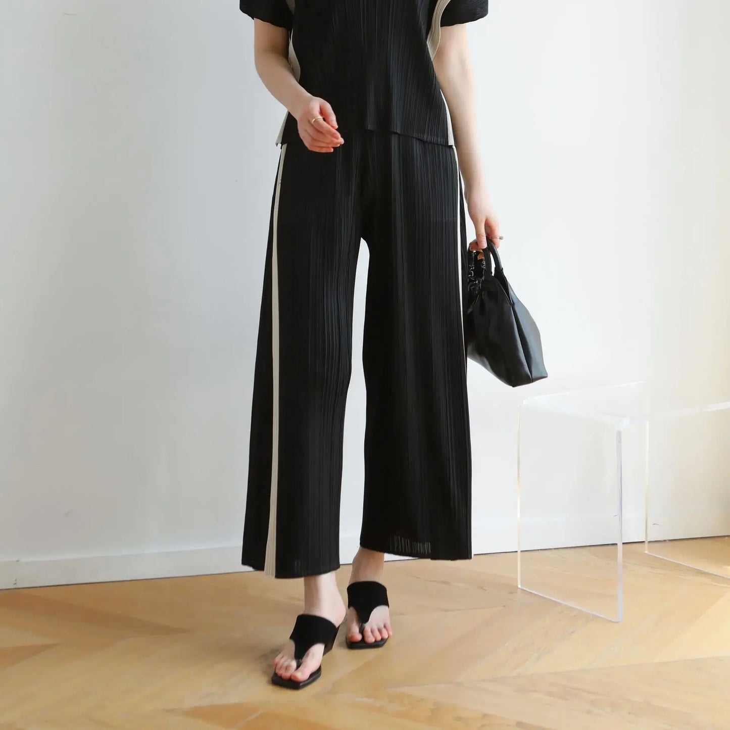 MIA XU Pleats Pants Sets 2025 Summer Miyake High-end Pleats Color Blocking False Two Pieces Fashion Casual T-shirt Pants Set