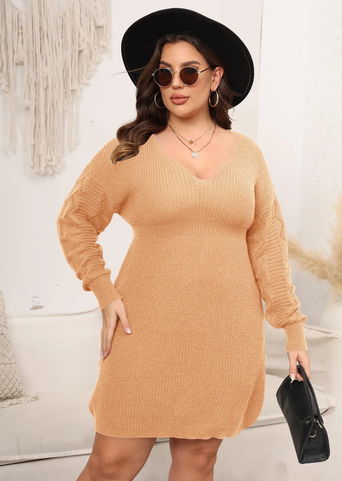 FairyShely 2025 Winter V-Neck Plus Size Sweater Dress Women Long Sleeve Large Big Knitted Dresses Autumn Tight Curvy Warm Dress