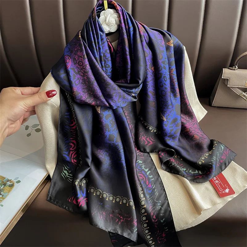 New 2025 180*88cm classic Silk Scarf Women Foulard Office lady Large Fashion Print Beach Hijab Shawl Warp Bandanna Muffler