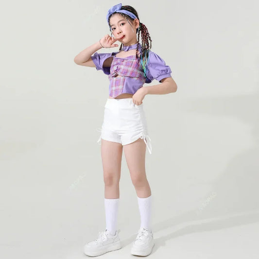 Girls Summer Jazz Dance Costume Plaid Tops Shorts K-pop Clothing Hip Hop Dance Outfit for Children Cheerleading Clothes Kids AB