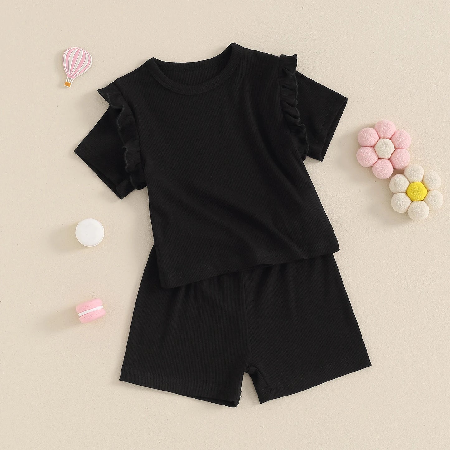 Newborn Toddler Baby Girl Summer Clothes Knit Ribbed Ruffle Shirt Shorts Sets Casual Outfits 0 3 6 9 12 18 Months 2T