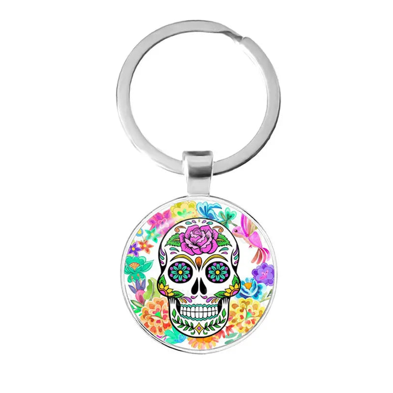 Fashion Colorful Sugar Skull Keychain Mexico Folk Art Patterns Glass Pendant Key Chain Jewelry Holiday Gift