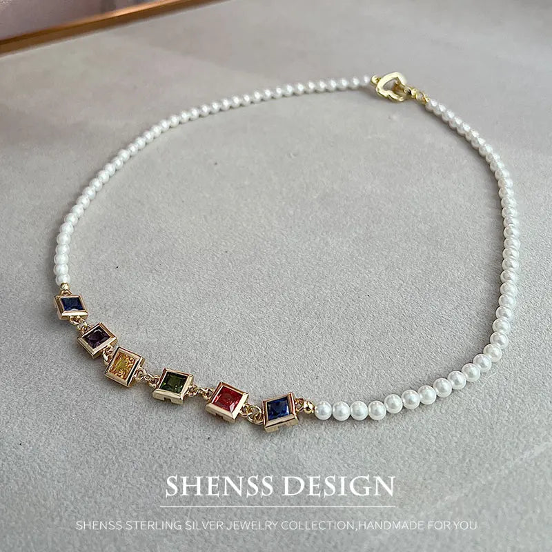 Imitation Pearl Square Zircon necklace Copper Plated 14k Gold Accessories