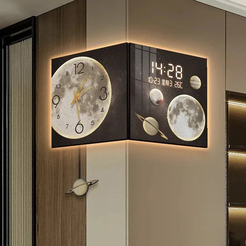 Corner Wall Clock with Light Living Room Digital Watch Mural Wall Clocks Luxury Design Large Pendulum Double-sided Room Decor