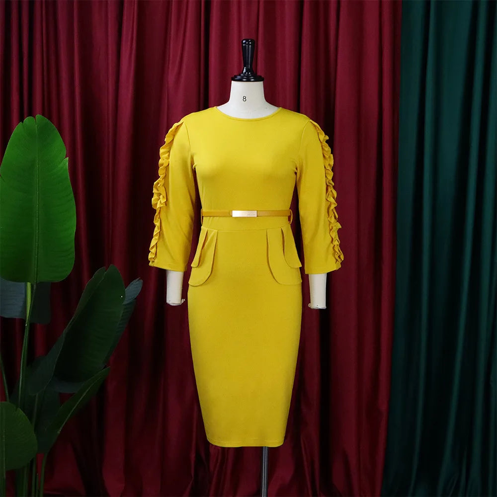 FairyShely 2025 Solid Ruffle Long Sleeve Plus Size Dress Women O Neck Large Big Dresses Lady Autumn Belt Party Tight Curvy Dress