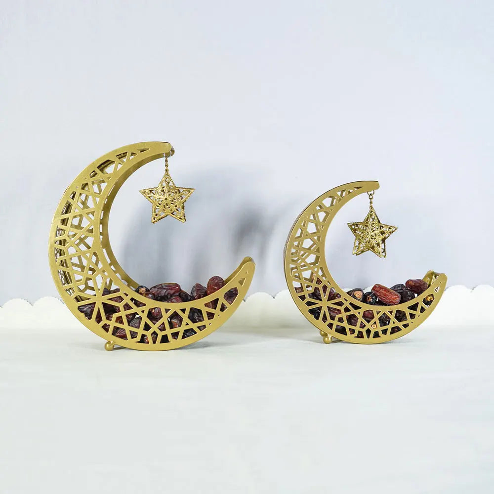 Golden Snack Tray Hollow Out Moon Star Shape Eid Mubarak Serving Platter Muslim Ramadan Nuts Plate