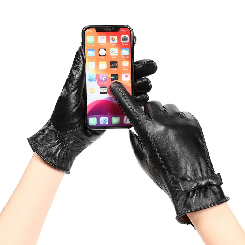Women's Genuine Leather Gloves Sheepskin Gloves Fashion Autumn and Winter Thick Fleece Warm Touch Screen Motorcycle Biker Gloves
