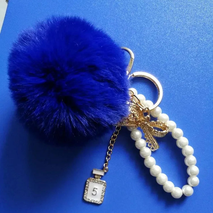 Car Women handBag Key Chain Fashion Pearl Chain Crystal Bottle Bow Pompom Keychain Fluffy Puff Ball Keychains Jewelry