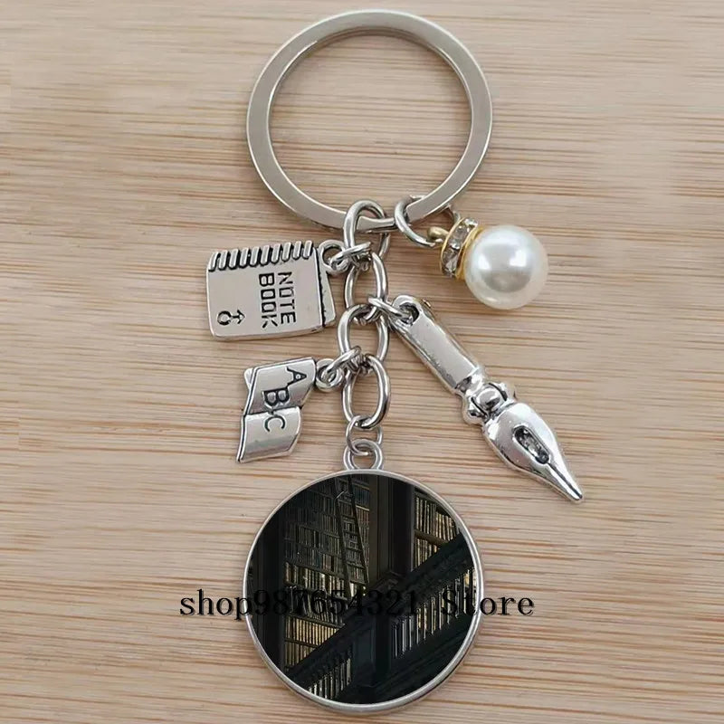 Classic Library Books Keychain Vintage Old Books Key Chain Librarians Key Ring Gift for Nerd Bookworm Writer Teacher