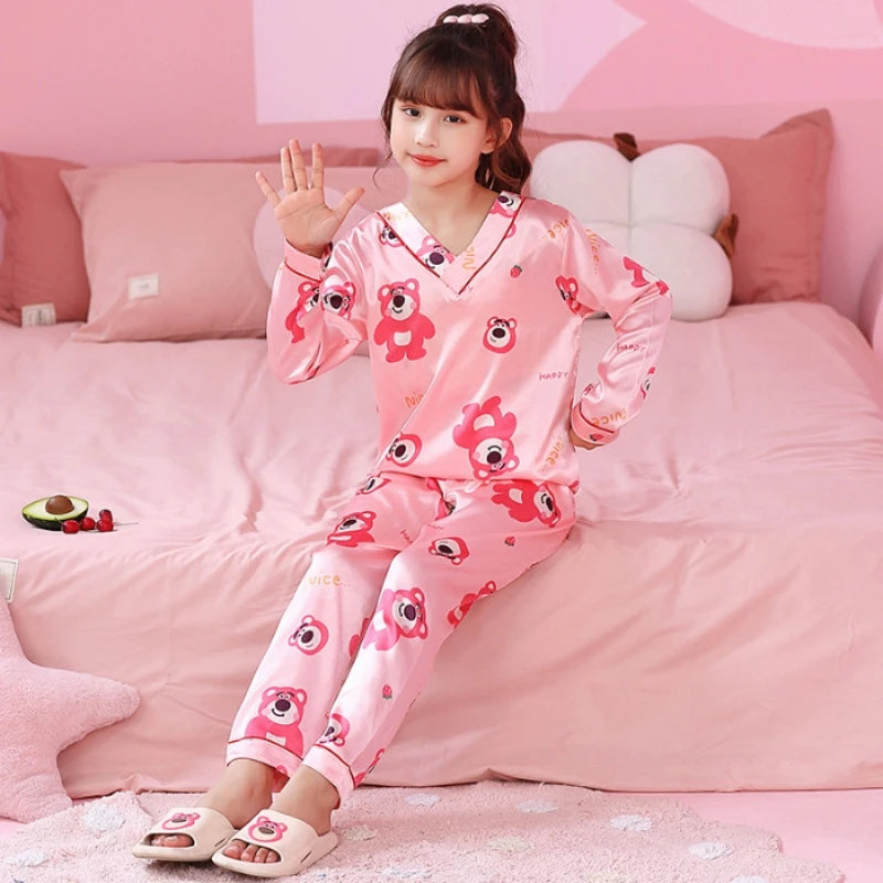 Ice Silk Long-sleeved Trousers Loose and Thin Simulated Silk Home Clothes Pajama Pyjamas Sleepwear Robe Children's Clothing Kids
