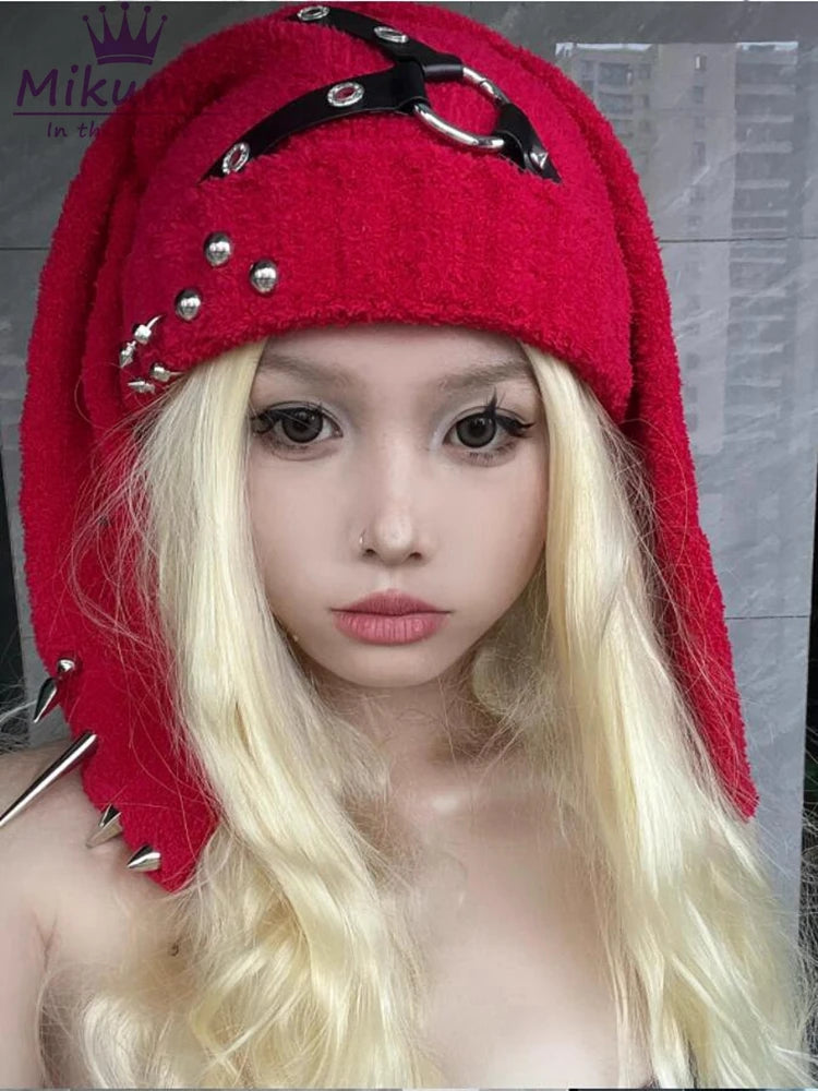 Harajuku Punk Rock Leder Ring Nieten Kaninchen Ohr Strickmützen Gothic Grunge Schwarz Rot Chic Design Frauen Winter Warme Beanie Hüte 