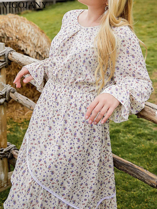 Vigojany 2025 Spring Autumn Ruffle Plus Size Dress Print Lantern Long Sleeve Loose Large Big Dress Lady Chubby Curvy Dresses