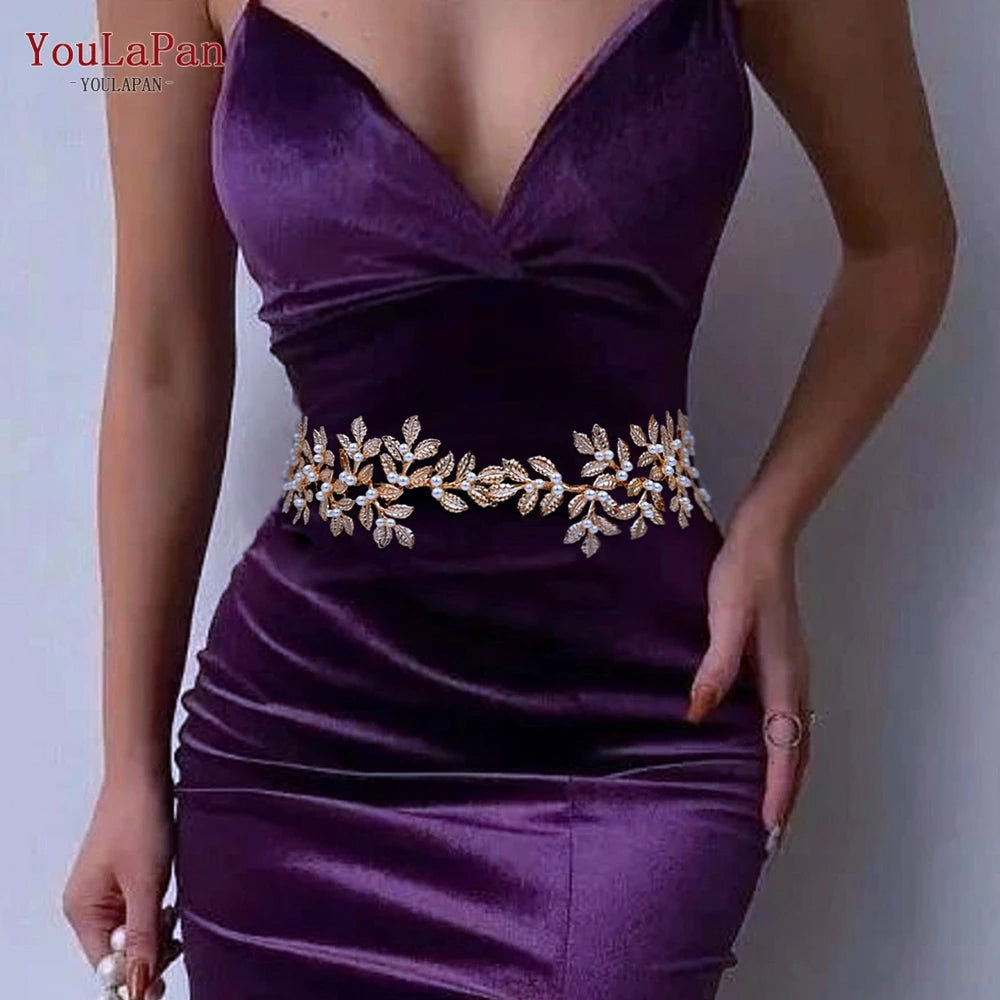 YouLaPan Leaves Wedding Dress Belt with Pearls Woman Formal Belts Bridal Waist Belt Handmade Evening Gown Sash Belt SH353