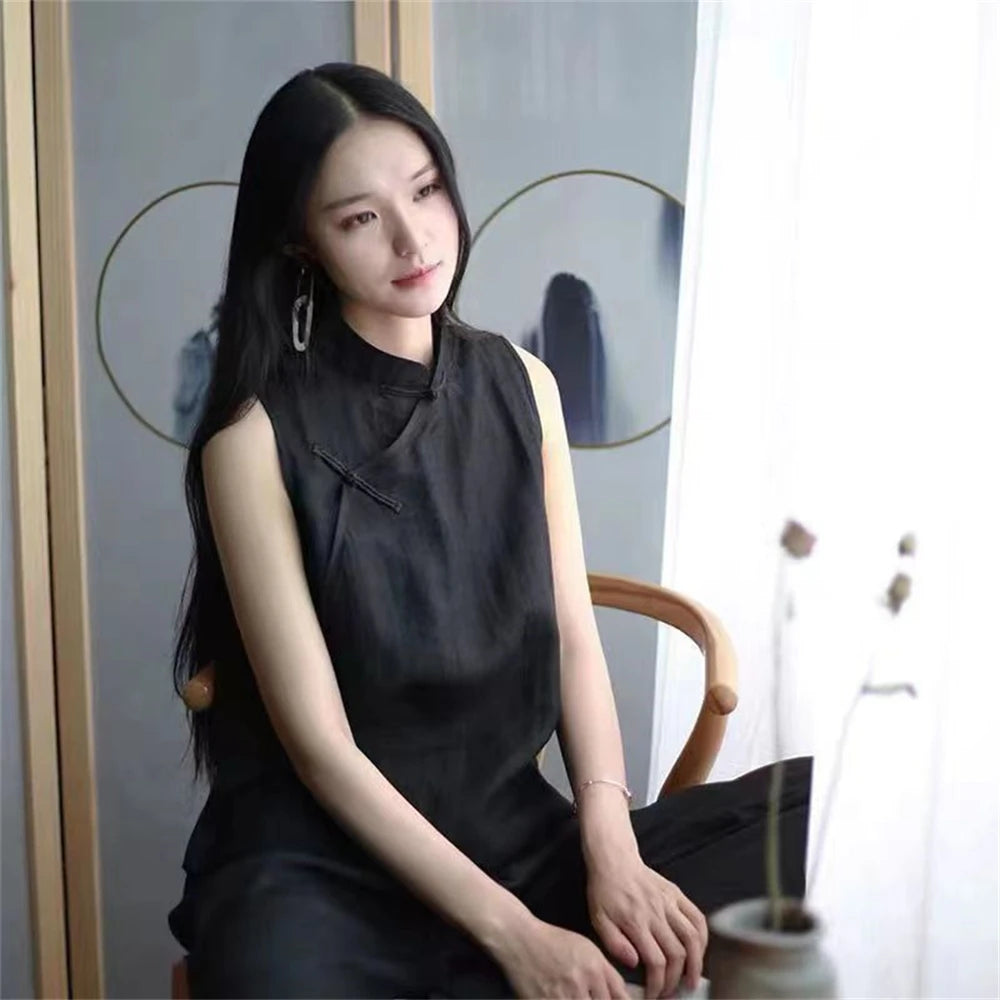 Chinese Traditional Clothing for Women Hanfu Vest Linen Cotton Sleeveless Top Tang Suit Kimono Cardigan Female Slit Top