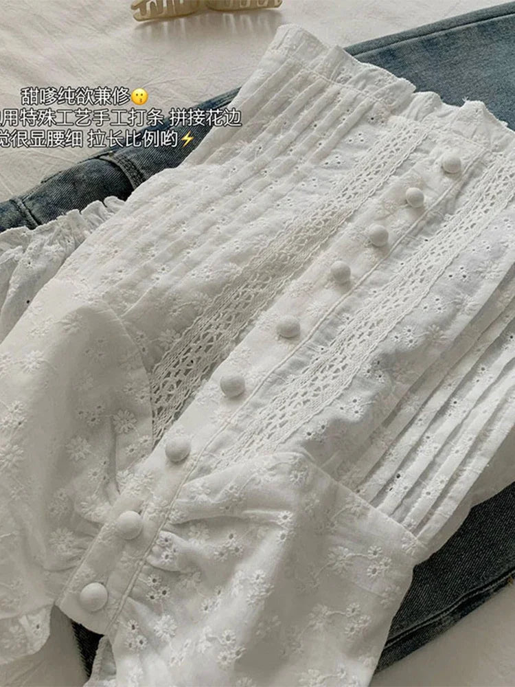 2025 New Women White Hollow Out Design Shirt Pleated Slash Neck Puff Sleeve Blouses Female Slim Ruffle Single Breasted Clothes