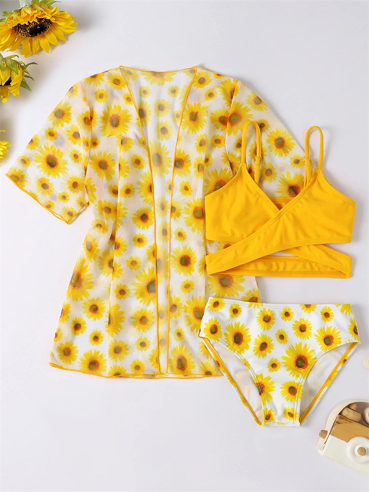 Bikini Girls Swimsuit 2025 New Sun Flower Sling Children Bikinis Set High Waist Swimwear Kids Beach Wear Swimming Bathing Suit
