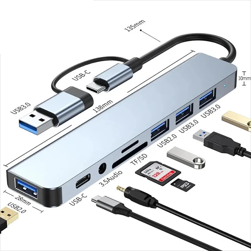 USB C Hub USB Splitter 8 in 1 USB Extender with 4 USB Port 1 USBC Port TF/SD Card Reader Audio Output Compatible for MacBook