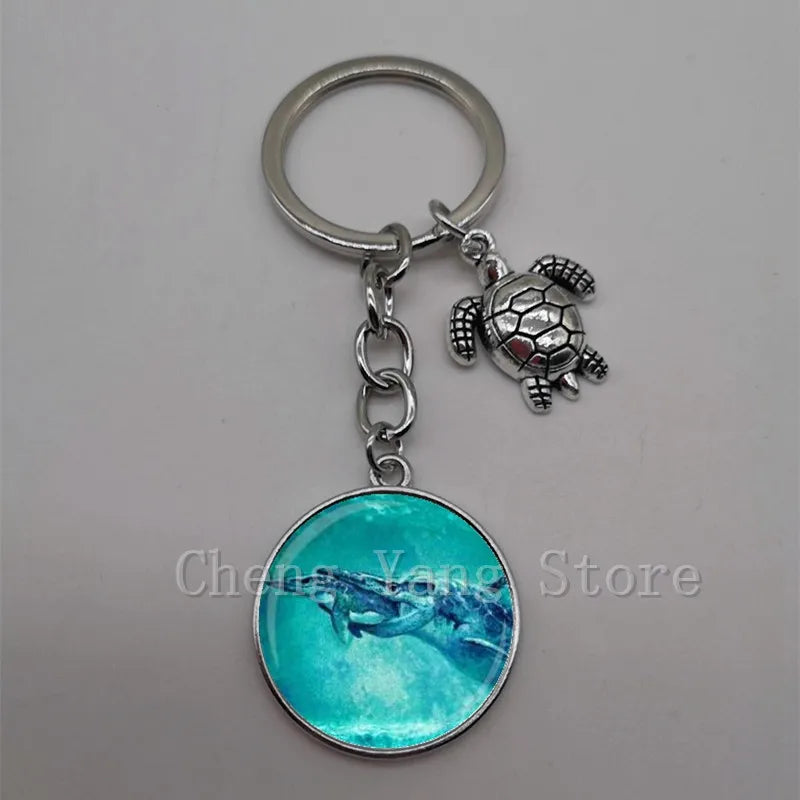 Marine life jewelry turtle dolphin shell keychain key ring glass convex round keychain charm turtle pendant Christmas gift