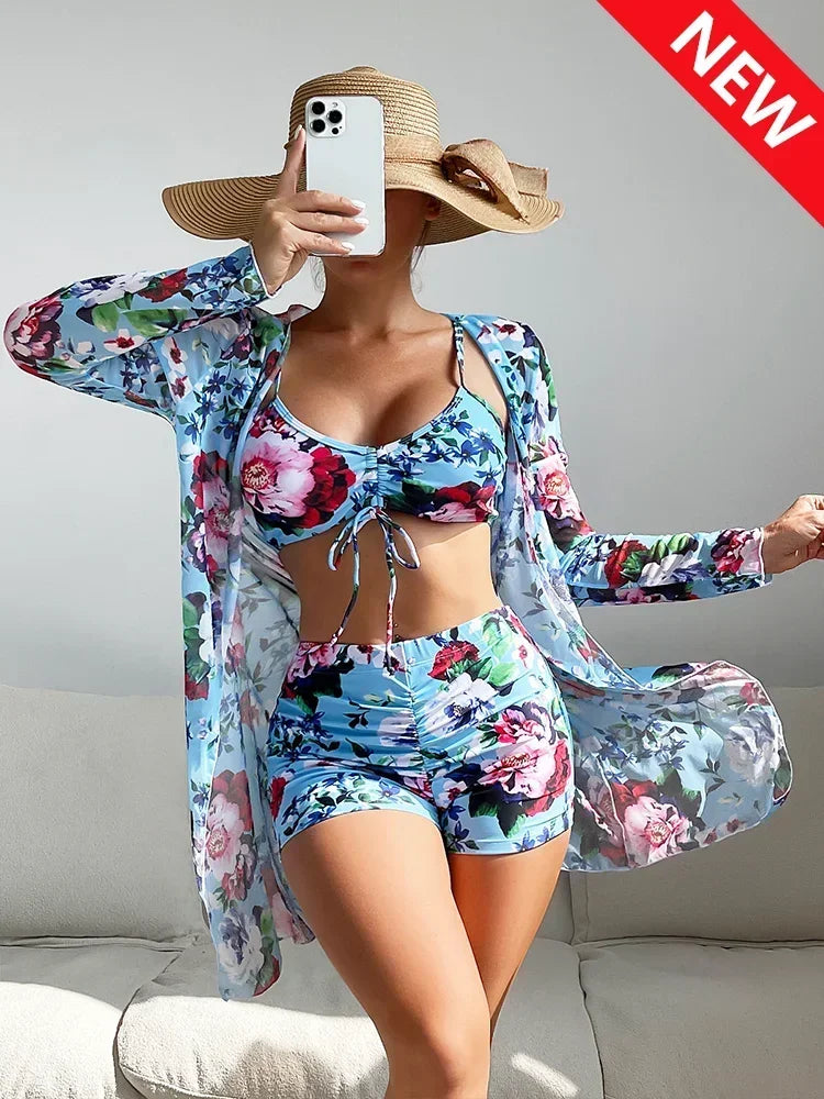 Tropical Allover Print Bikini 3pack Drawstring Ruched Cover Up Women Swimsuit 2023 Long Sleeve Swimwear Beach Wear Bathing Suit