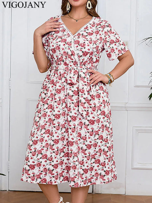 Vigojany 2025 Women Summer Print Plus Size Dress Casual V Neck Short Sleeve Large Big Dress Lady Loose Chubby Curvy Long Dresses