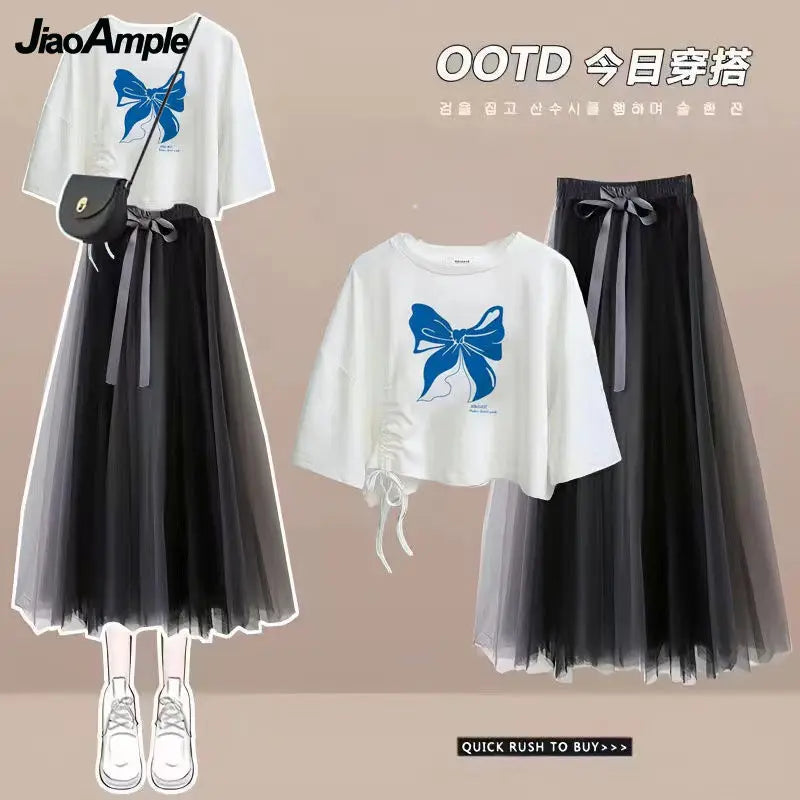 2024 Summer New Korean Elegant Cute Short Sleeved T-shirt+Mesh Midi Skirt Two Piece Suit Women's Loose Top Dress Matching Set