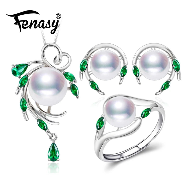 FENASY 925 Sterling Silver Natural Pearl Emerald Jewelry Sets Leaf Earrings Necklace Pendant Engagement Ring Sets For Women
