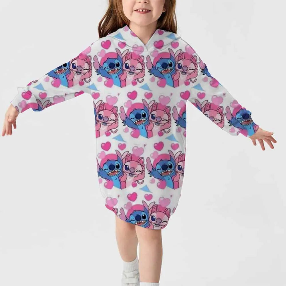 2024 neuer Disney-Stichmuster-Kapuzenrock für Herbst und Winter für Mädchen, süßes, bequemes Langarm-Kapuzenpulloverkleid 