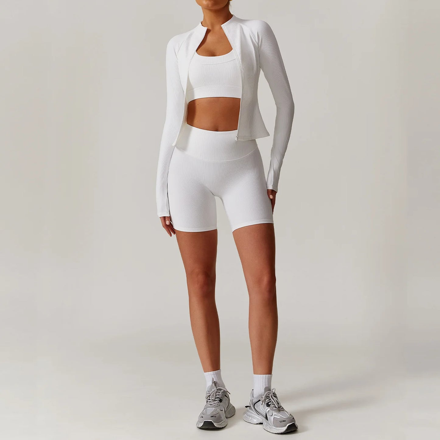 White 2PCS Women Yoga Set Workout Tracksuits Sportswear Gym Clothing Fitness Long Sleeve Jacket Waist Leggings Sports Suit