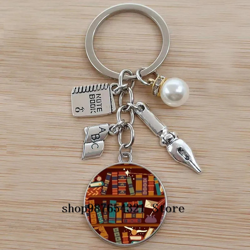 Classic Library Books Keychain Vintage Old Books Key Chain Librarians Key Ring Gift for Nerd Bookworm Writer Teacher