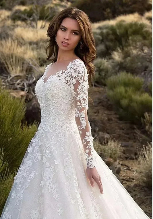 Women Long Sleeve V Neck Lace Floor-Length Bride Clothing White Fashion Party Church Formal Wear Dresses Elegant Formal Dress !!!