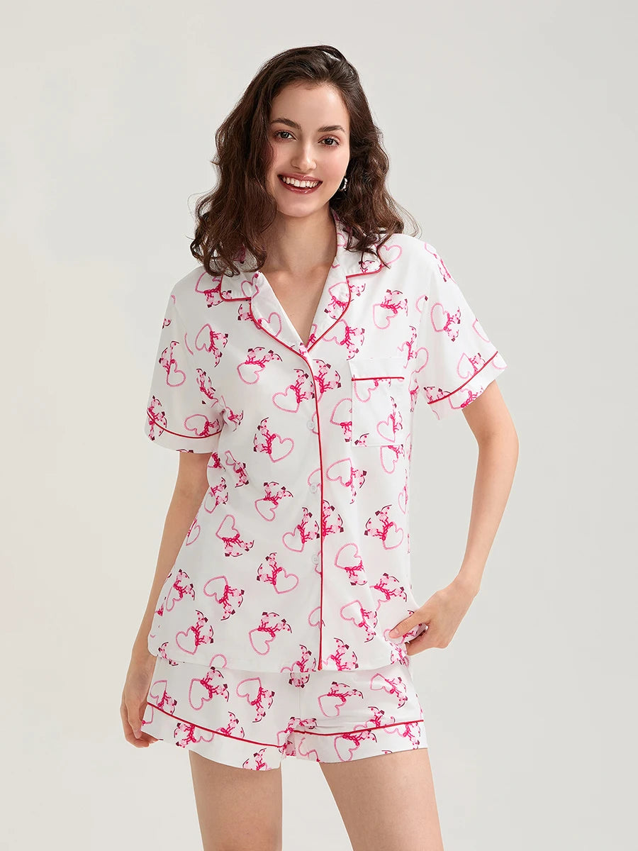 Women s Valentine s Day Lounge Set Short Sleeve Floral Heart Print Shirt Shorts Sleepwear Sets