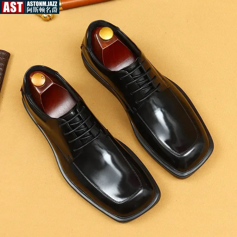 Patent Cow Leather Mens Dress Shoes Luxury Handmade Quality Genuine Leather Square Toe Elegant Wedding Social Derby Shoes Male
