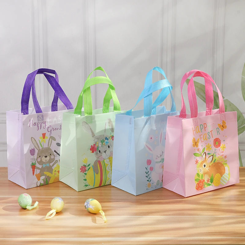 4pcs Easter Waterproof Non-woven Gift Bag Cartoon Egg Bunny Printed Candy Packaging Bag With Handles Happy Easter Party Supplies