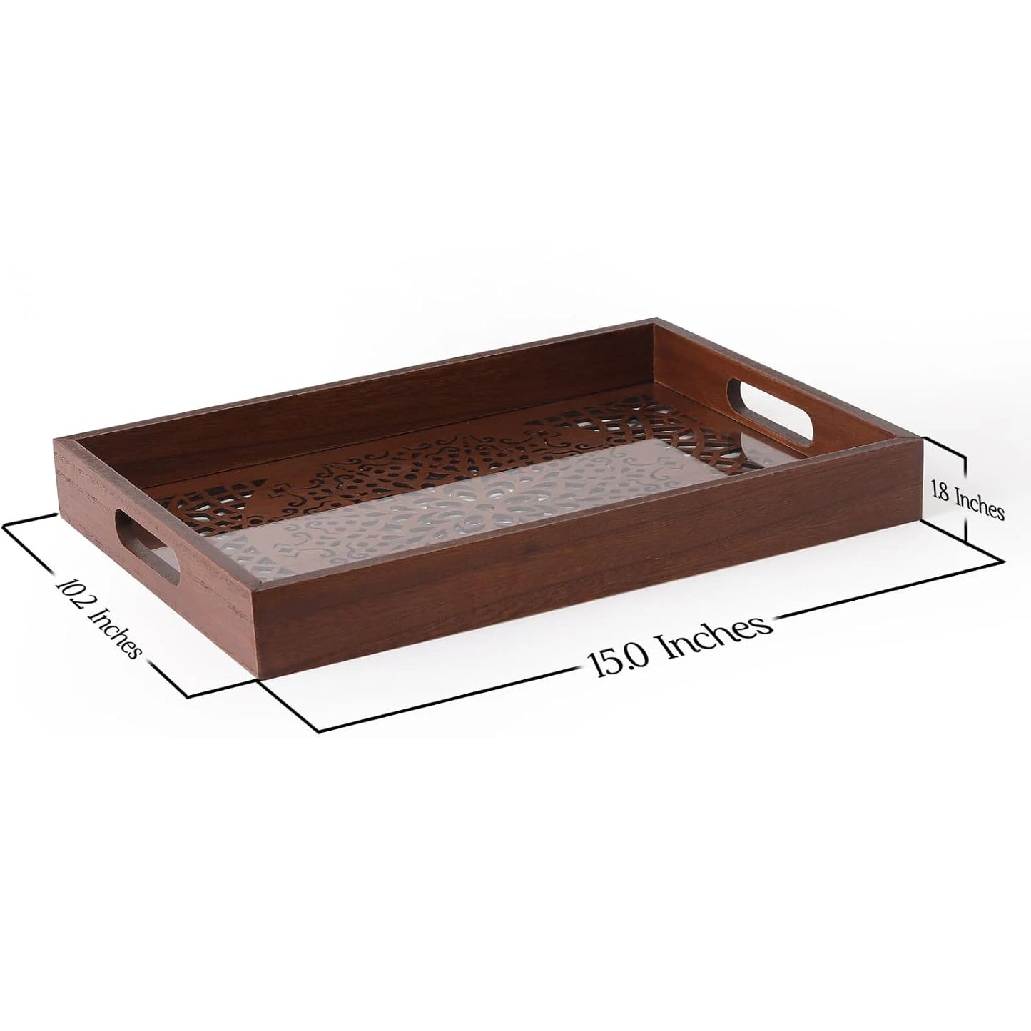 Brown Wooden Rectangle Tray with Handles Boho Decorative Serving Tray for Coffee Table Bedroom Kicthen Home Decor Otttoman Tray