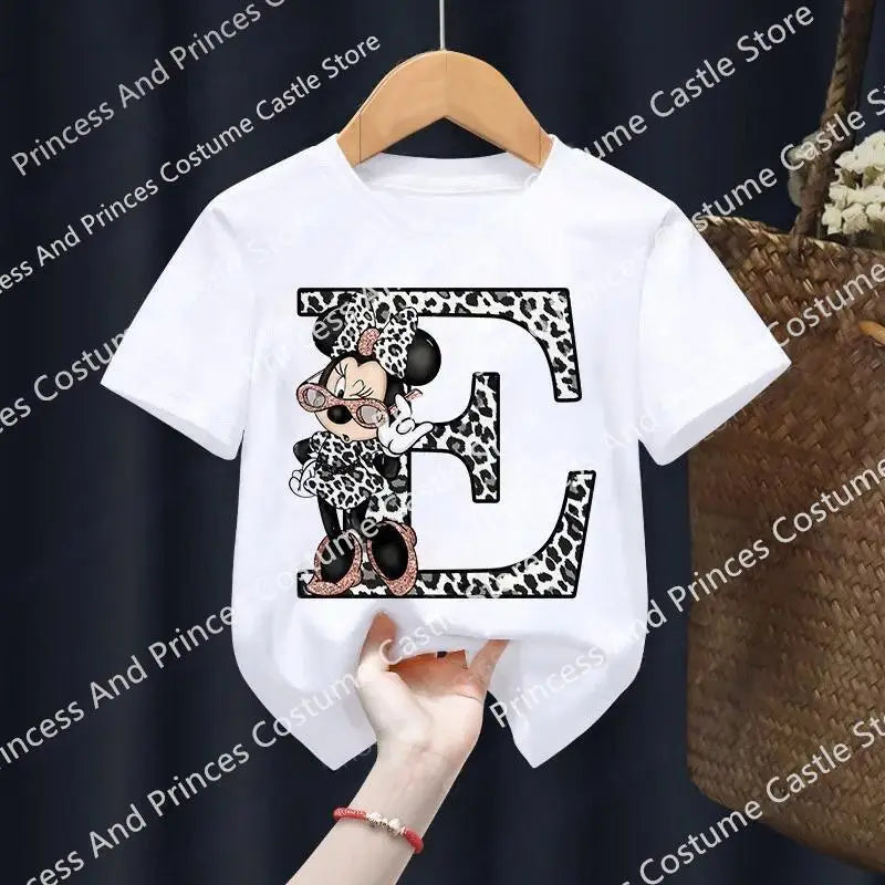 Minnie Letter A B C D Children T-shirt Kawaii Disney Clothes for Girls T Shirt Anime Cartoons Casual Kid Boy Short Sleeve Tops