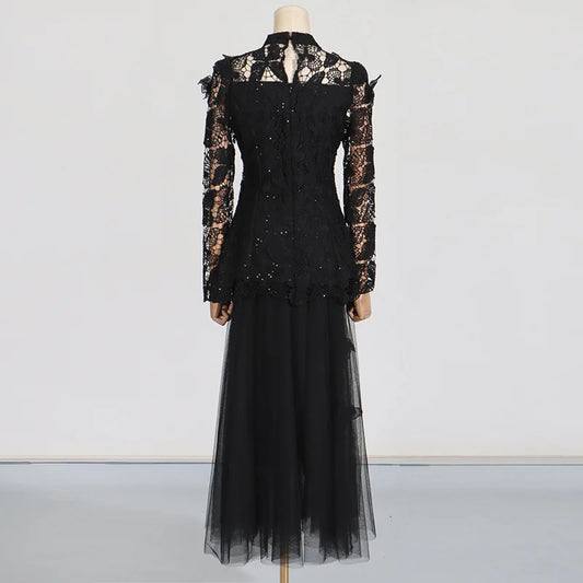 QMQA Fashion Women's Elegant 2 Piece Set Embroidery Long Sleeve Top High Waist Mesh Skirt Sets 2025 Spring Female New QM78