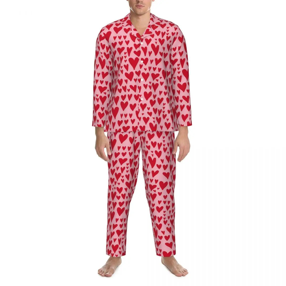 Valentine Hearts Pajama Sets Black and Red Cute Sleepwear Men Long Sleeve Retro Daily Two Piece Nightwear Plus Size