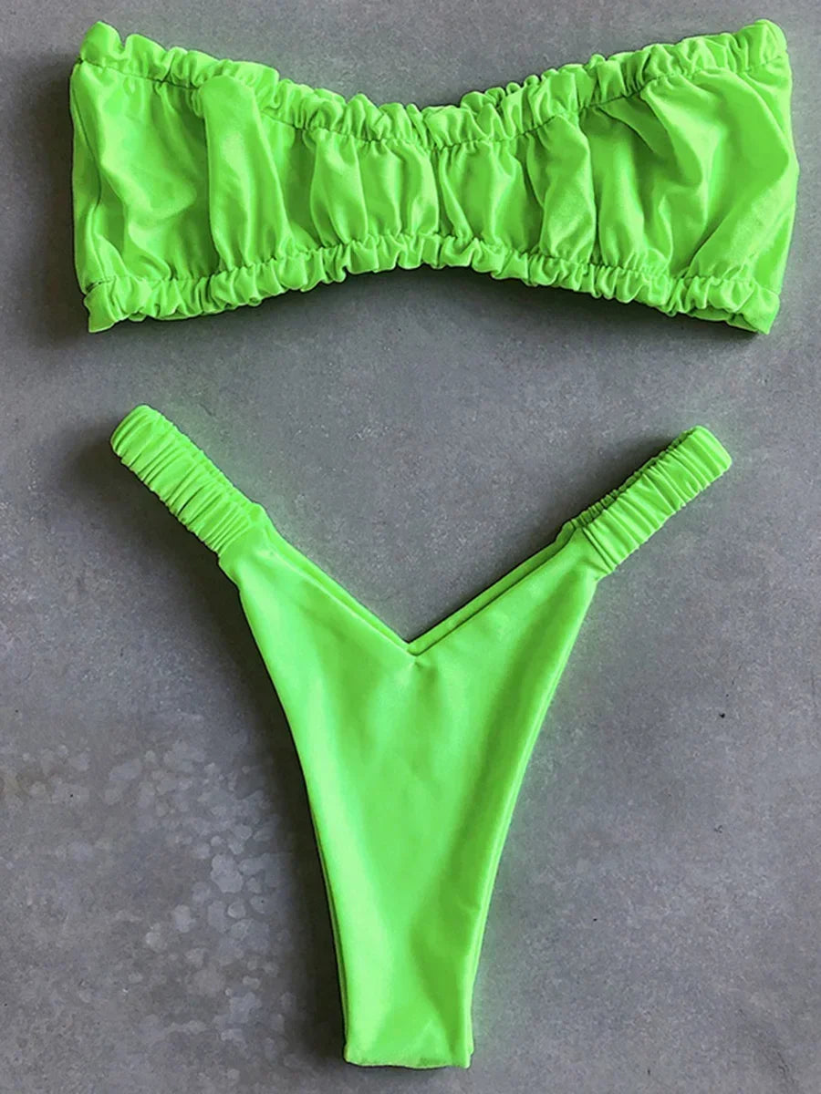 High Cut Extreme Micro Thong Bikini Women Bandeau Swimsuit Female Swimwear Two Pieces Bikini Set Wrinkled Bathing Suit Swim Lady