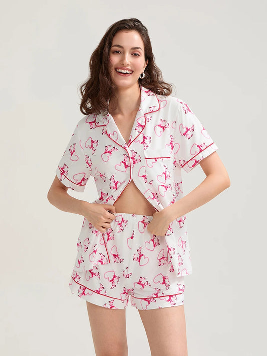 Women s Valentine s Day Lounge Set Short Sleeve Floral Heart Print Shirt Shorts Sleepwear Sets