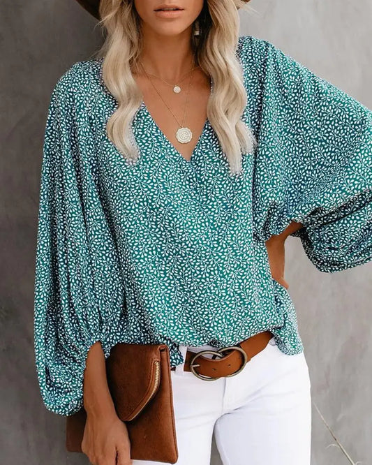 2025 Women's  clothes New Arrival Hot Selling Spring And Summer V-neck Casual Printed Lantern Sleeve Shirt Ladies Clothes Fashion Shirts