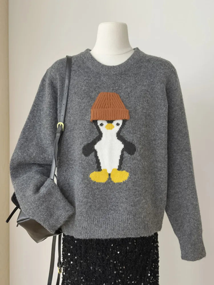 سترة نسائية فضفاضة جديدة لخريف وشتاء 2024 عالية الجودة كورية أنيقة لطيفة على شكل قبعة البطريق سترة محبوكة من الجاكار 