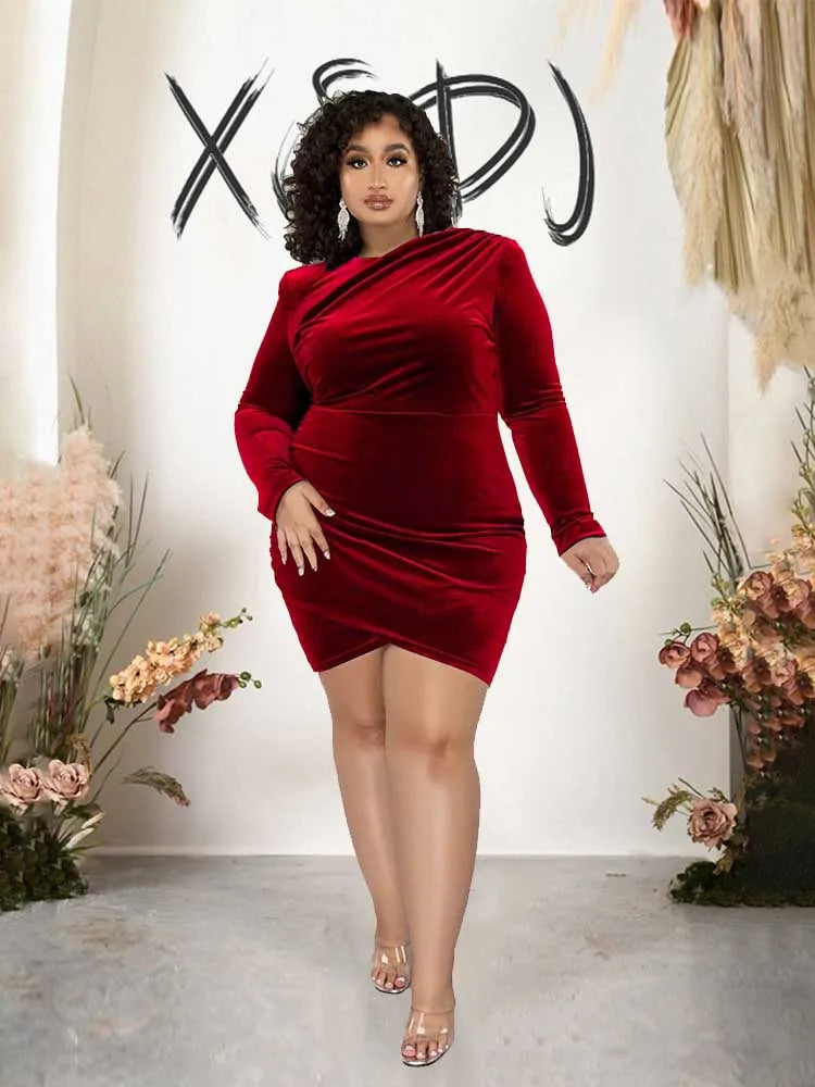 Plus Size Fashion Women Clothing Curvy Dresses Velvet Winter Party Dress Evening Low Back Draped Dresses Wholesale Dropshipping