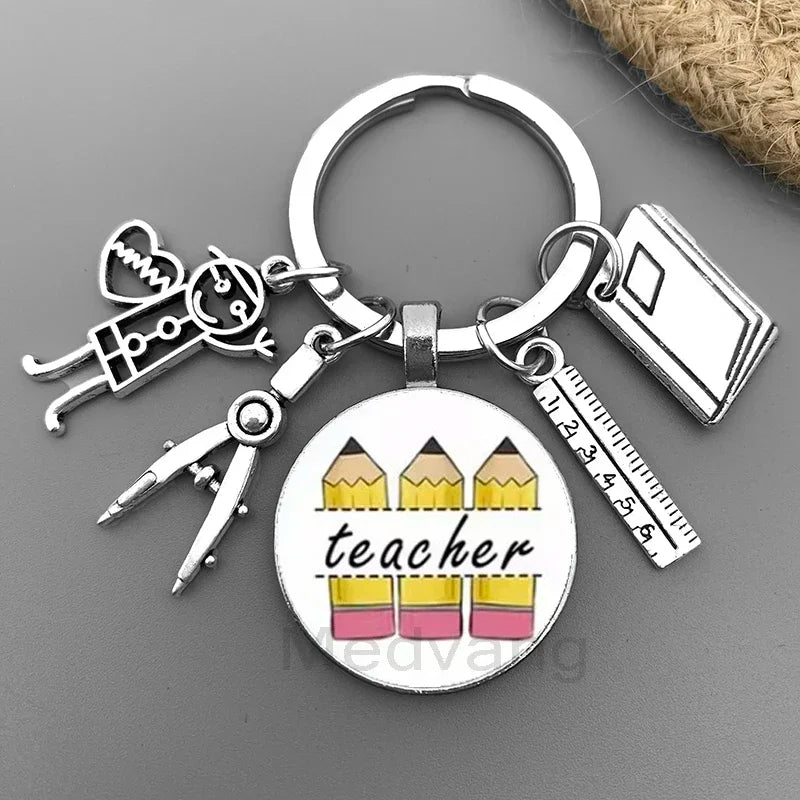 New Thank You Teacher Keychain Gift Thanksgiving Teacher Education Pendant Round Glass Keychain Teacher's Day Jewelry Gift