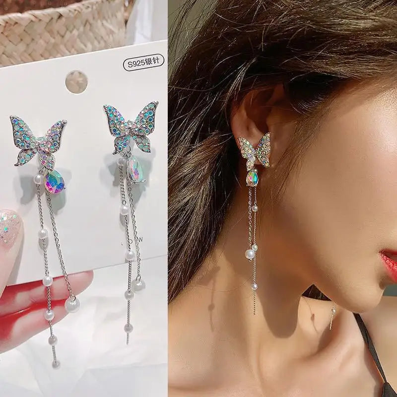 925 Silver Needle Green Crystal Butterfly Drop Earrings For Women Korean Jewelry 2024 Trending Fairy Luxury Women's Earrings New