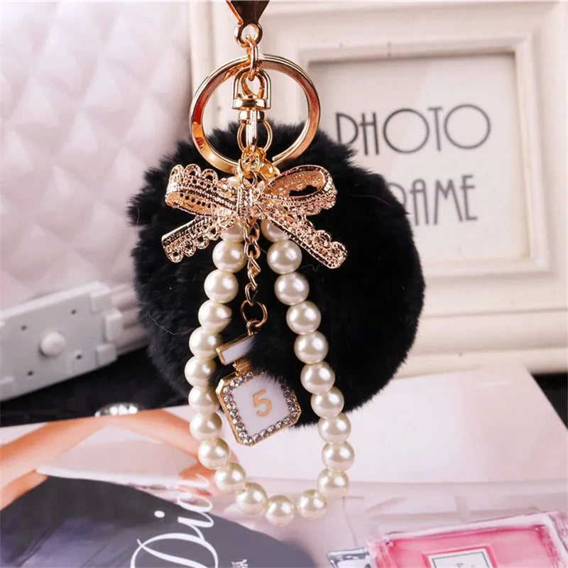 Car Women handBag Key Chain Fashion Pearl Chain Crystal Bottle Bow Pompom Keychain Fluffy Puff Ball Keychains Jewelry