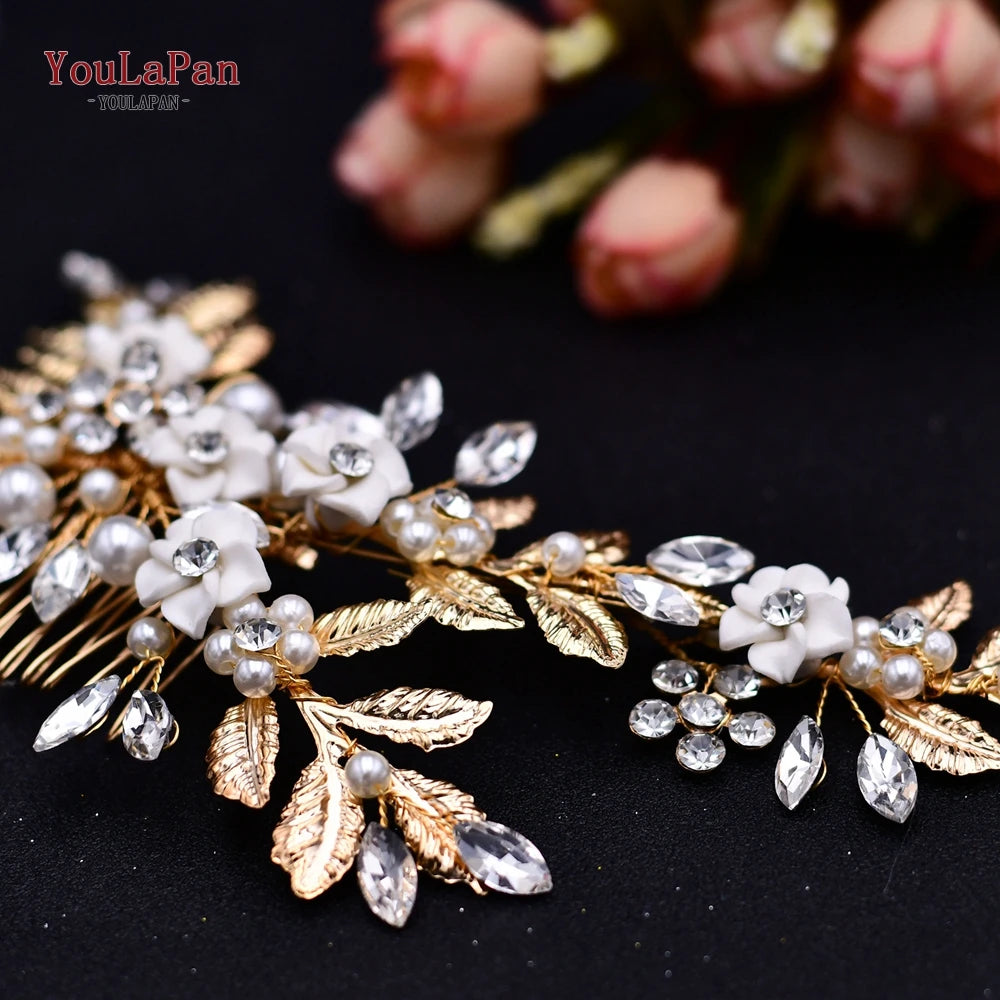 YouLaPan Gold Floral Wedding Hair Comb Bridal Crystal Pearls Headpiece Hair Accessories Bride Jewelry Women Hair Clips HP368