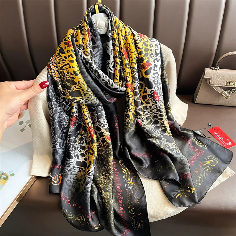 New 2025 180*88cm classic Silk Scarf Women Foulard Office lady Large Fashion Print Beach Hijab Shawl Warp Bandanna Muffler